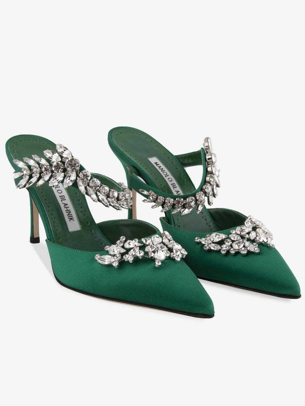 Manolo Blahnik Lurum 90mm Embellished Green Satin Mules – Size 39